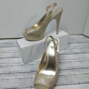 Bakers Flash Gold Glitter Platform Stiletto Peep Toe Shoes Heels 8.5M